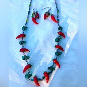 Glass chili pepper necklace and earrings set